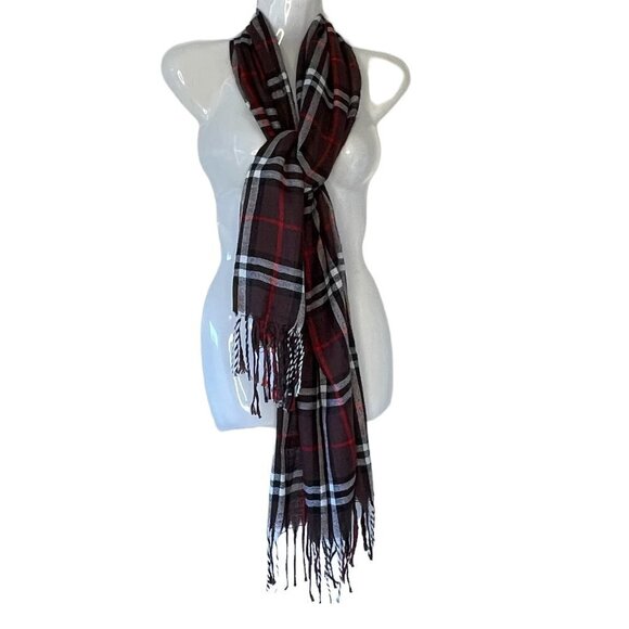 Pashmina Cashmere Plaid Scarf Brown Black White and Red Tartan Plaid with Fringe - Picture 1 of 4